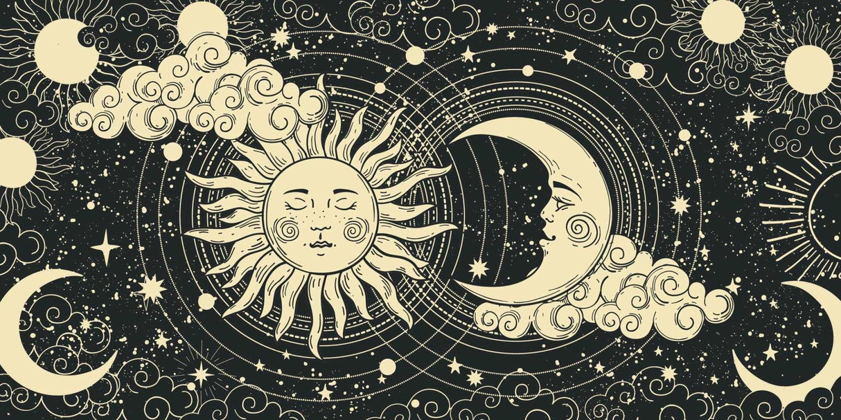 Celestial mural design file showing intricate sun and moon pattern on dark background