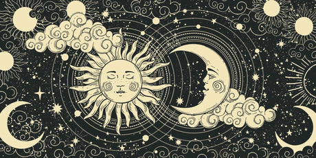 Celestial mural design file showing intricate sun and moon pattern on dark background