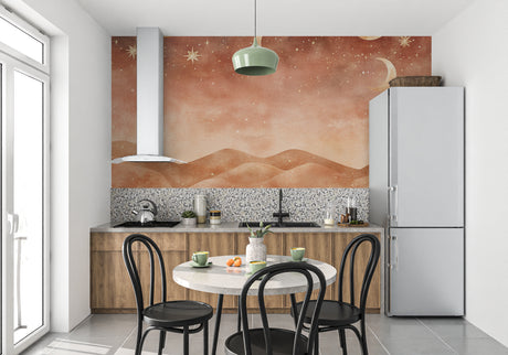 Celestial moon and stars wallpaper creating a cozy atmosphere in a modern bedroom with minimal furniture