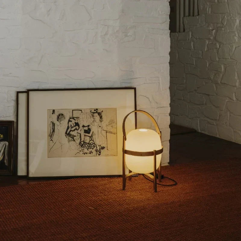 Vintage Table Lamp  Wooden Basket Frame With Opal Glass - Product detail 4