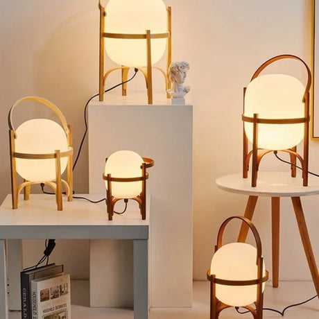 Vintage Table Lamp  Wooden Basket Frame With Opal Glass - Product showcase