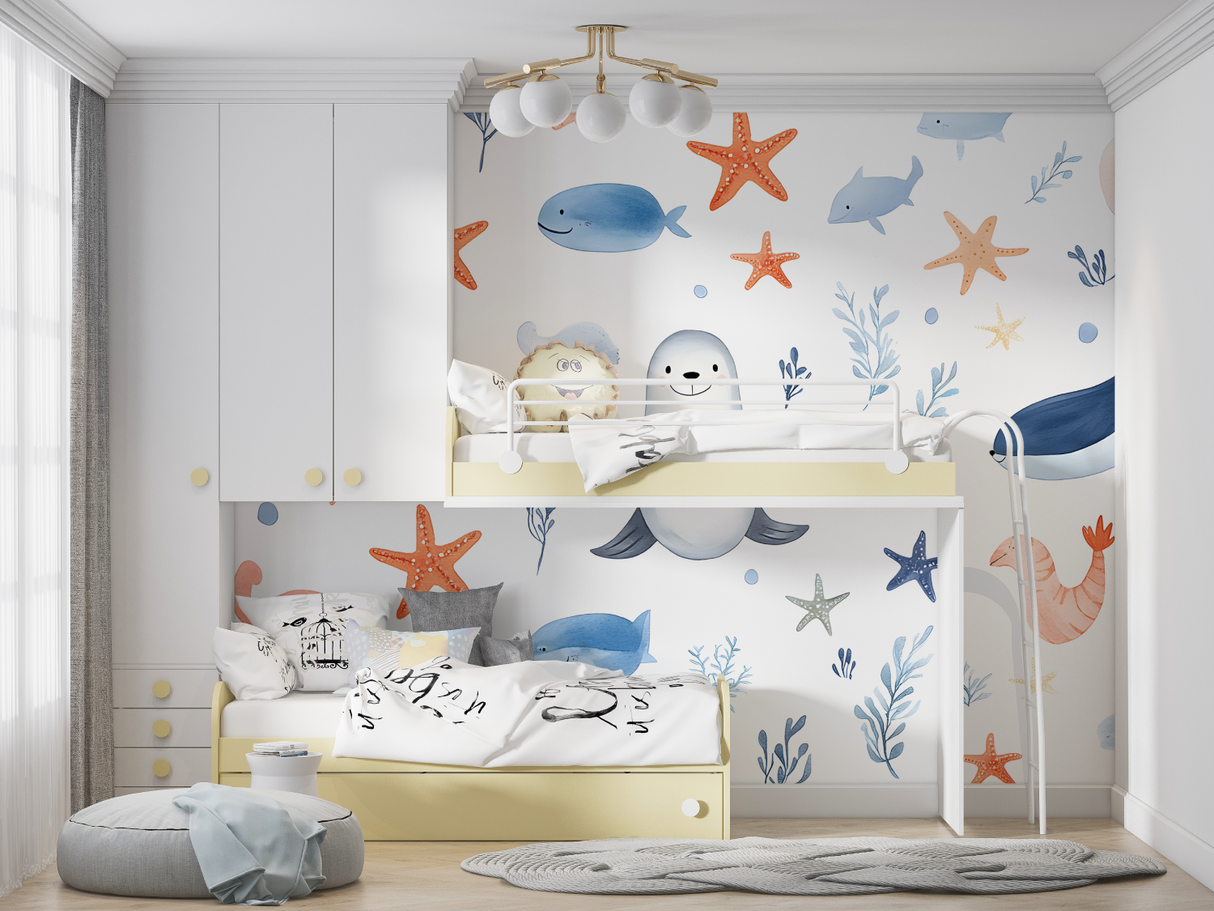 Marine Animals Mural Wallpaper | Whales and Starfish Kids Design