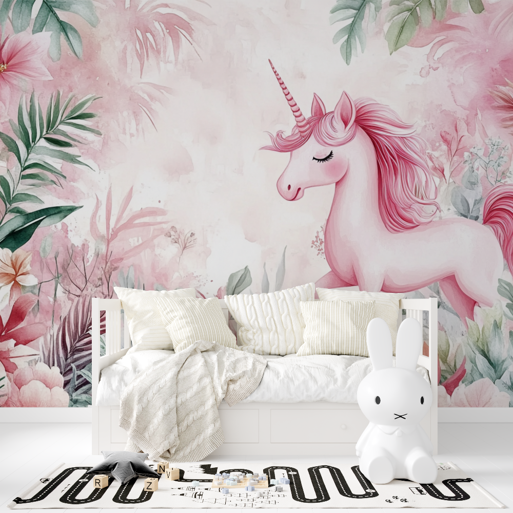 Unicorn Mural Wallpaper | Pink Fantasy with Tropical Leaves