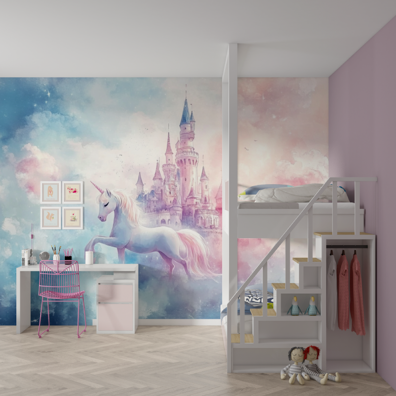Unicorn Mural Wallpaper | Magical Castle in Pink and Blue Clouds