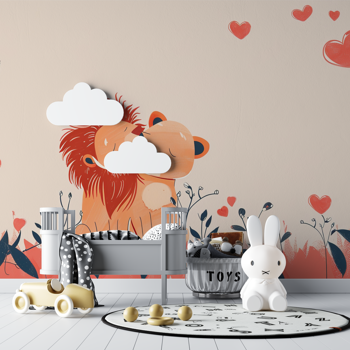 Lion Mural Wallpaper | Cute Couple with Hearts Design