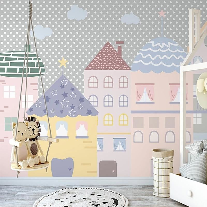 Kids Mural Wallpaper | Pastel Houses with Stars and Clouds
