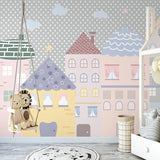 Kids Mural Wallpaper | Pastel Houses with Stars and Clouds