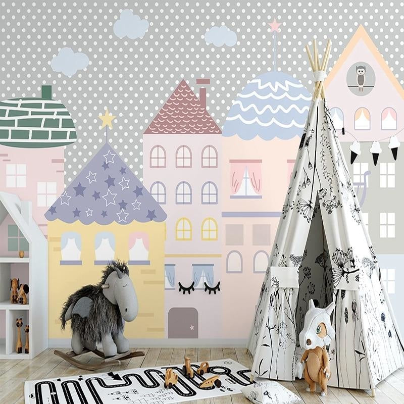 Kids Mural Wallpaper | Pastel Houses with Stars and Clouds