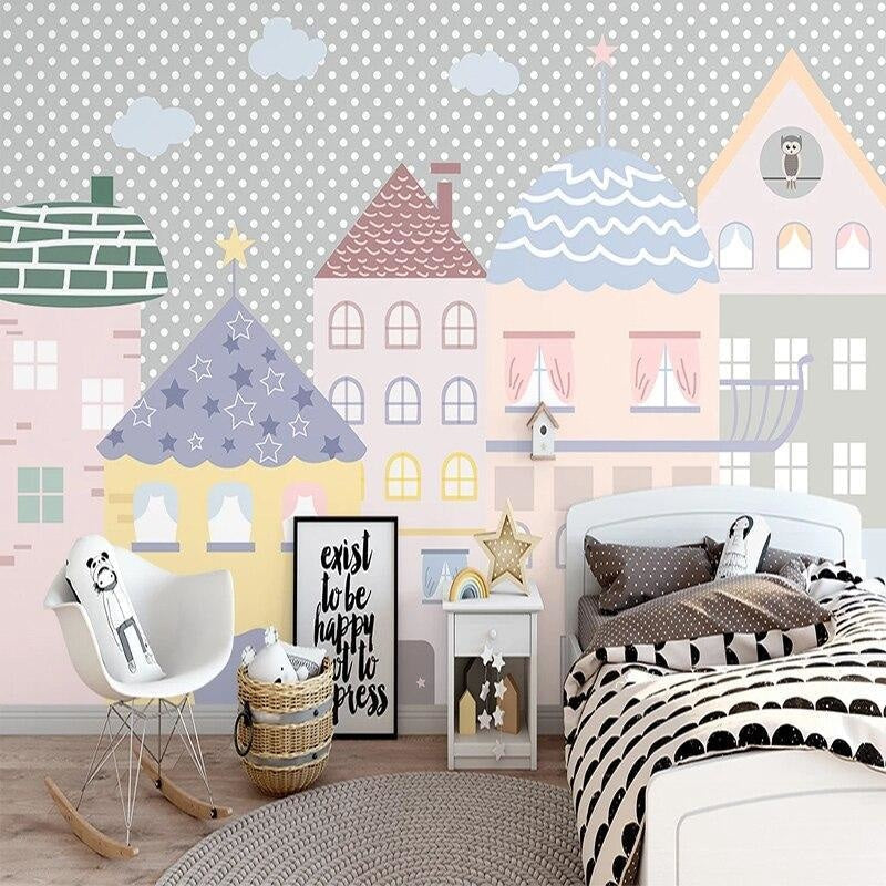 Kids Mural Wallpaper | Pastel Houses with Stars and Clouds