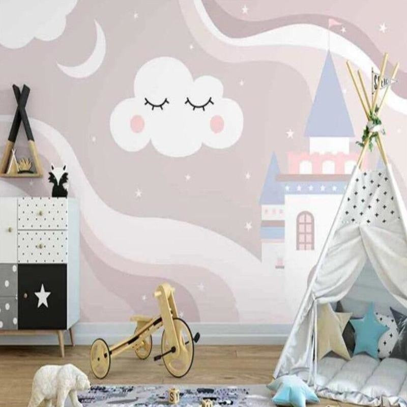 Princess Castle Mural Wallpaper | Dreamy Pink Night Sky Design