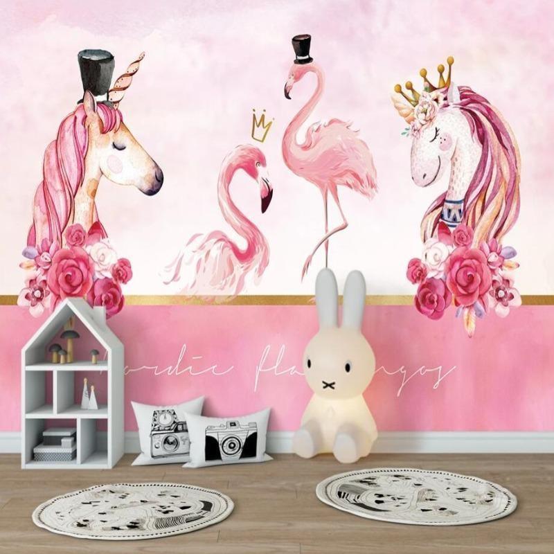 Fantasy Mural Wallpaper | Unicorn and Flamingo Princess Theme