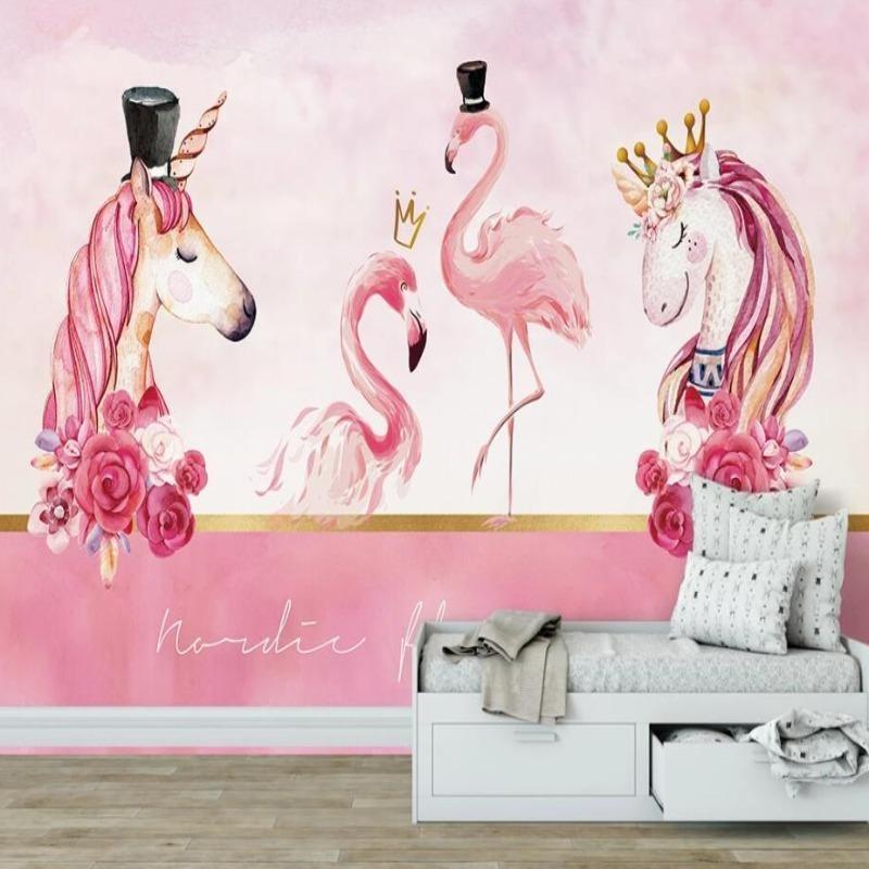Fantasy Mural Wallpaper | Unicorn and Flamingo Princess Theme