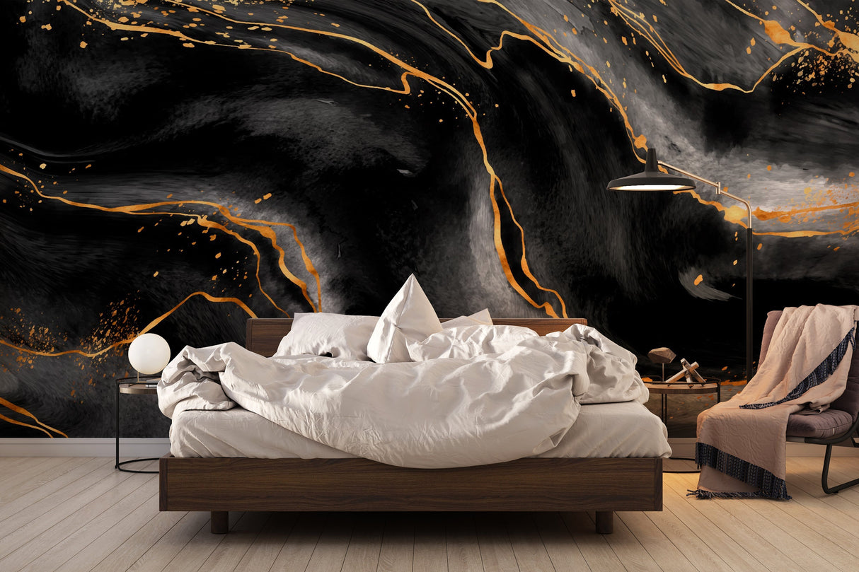 Marble Mural Wallpaper | Black and Gold Abstract Design