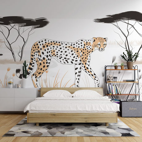 Cheetah wallpaper mural creating a stunning focal point in a modern living room with neutral furniture and natural light