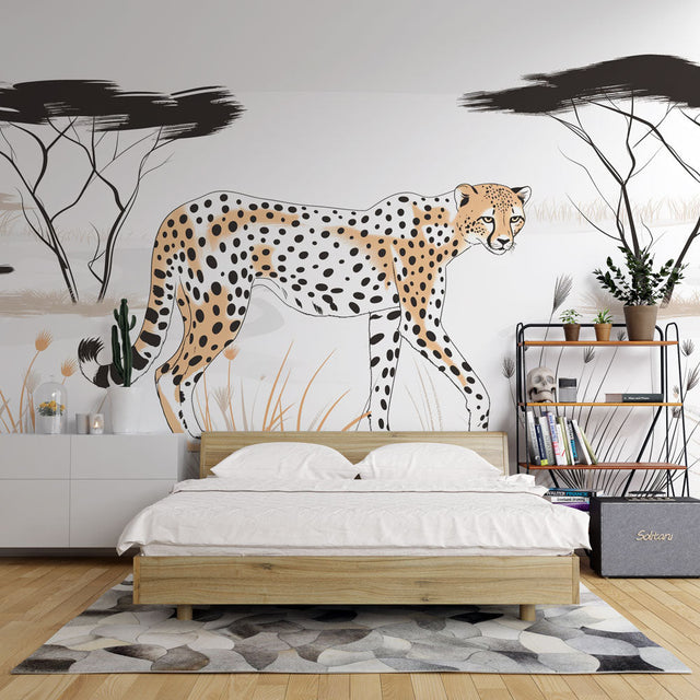 Cheetah wallpaper mural creating a stunning focal point in a modern living room with neutral furniture and natural light