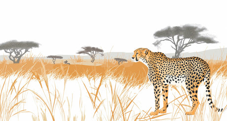 Cheetah safari wallpaper creating a stunning focal point in a modern living room with natural light and earth-toned furniture