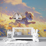 Baby Cheetah Safari Wallpaper creating a dreamy atmosphere in a modern nursery with soft golden lighting