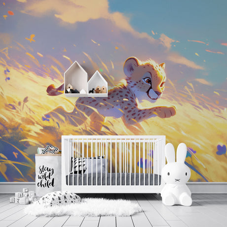 Baby Cheetah Safari Wallpaper creating a dreamy atmosphere in a modern nursery with soft golden lighting