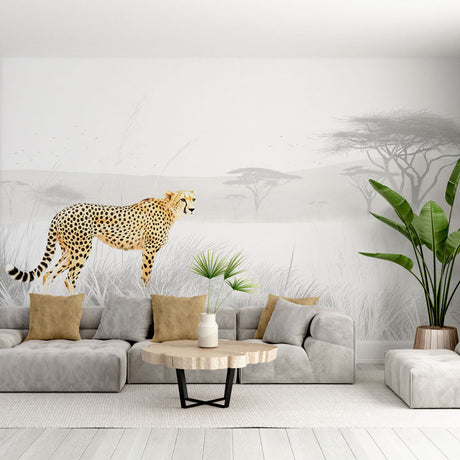 Cheetah safari wallpaper creating depth in modern living room, showing misty African plains design in neutral tones