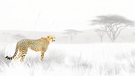 African savanna wallpaper design file showing detailed cheetah against misty plains backdrop