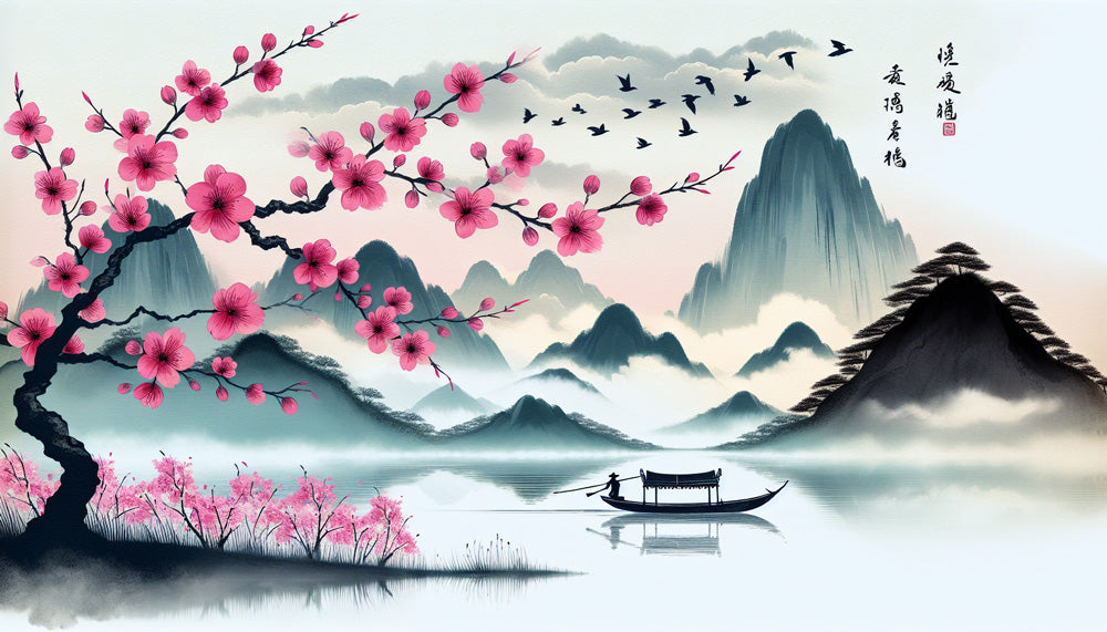 Cherry blossom wallpaper design file showing detailed Asian mountain lake pattern with sakura blooms