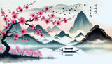 Cherry blossom wallpaper design file showing detailed Asian mountain lake pattern with sakura blooms