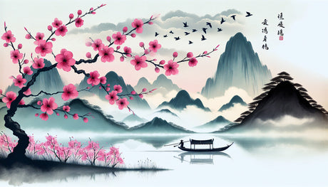 Cherry blossom wallpaper design file showing detailed Asian mountain lake pattern with sakura blooms