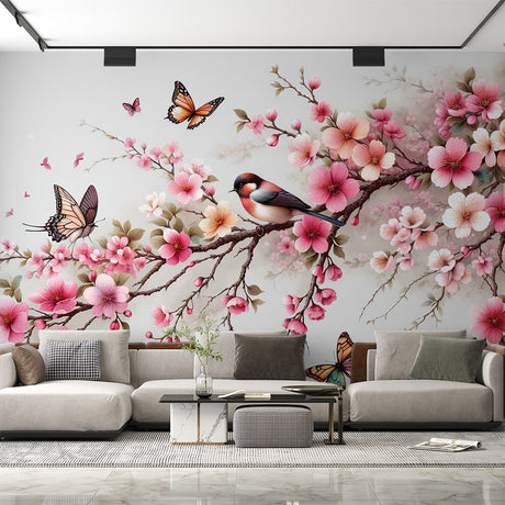 Cherry blossom wallpaper creating a peaceful atmosphere in a bright living room with natural light highlighting the pink petals