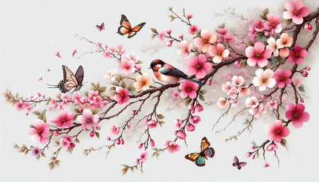 Cherry blossom wall design file showing detailed pink flowers, butterflies and bird pattern on light background
