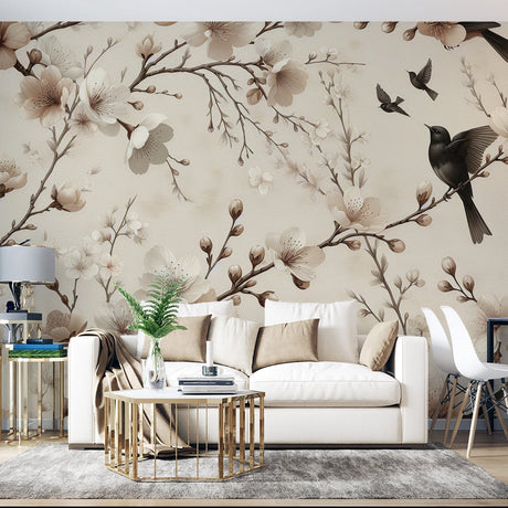 Cherry blossom wallpaper with birds in a bright modern living room, creating a peaceful Asian-inspired atmosphere