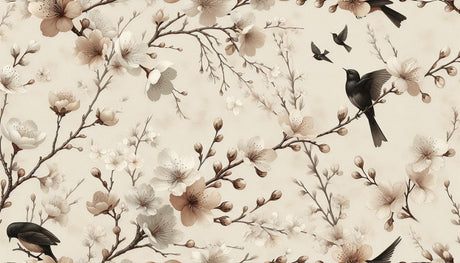 Cherry blossom and birds design file showing detailed beige floral pattern and nature motifs