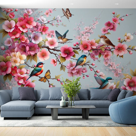 Cherry blossom wallpaper with birds and butterflies creates a peaceful dining room backdrop with soft pink tones