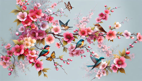 Cherry blossom wallpaper design file showing detailed pink blooms, birds, and butterfly pattern