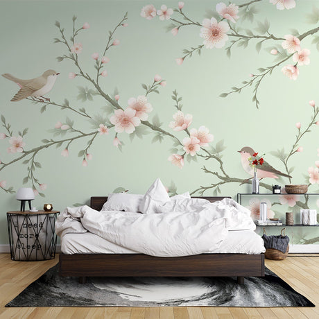 Cherry blossom wallpaper with birds creating a peaceful atmosphere in a modern bedroom with natural light