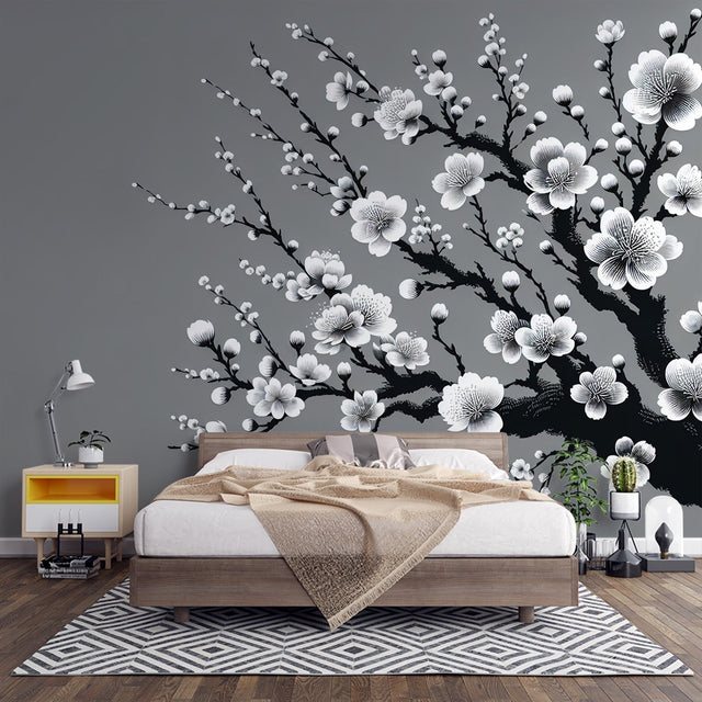 Black and white Cherry Blossom Wallpaper creating a peaceful atmosphere in a modern minimalist living room setting