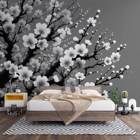 Black and white Cherry Blossom wallpaper creating a striking focal point in a modern Japanese-inspired living room