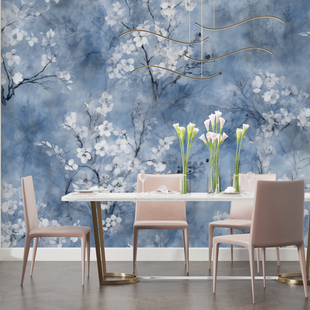 Cherry blossom wallpaper in modern living room showing blue floral pattern against white furniture