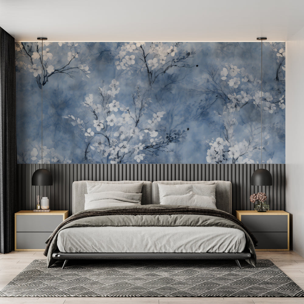 Japanese floral wallpaper creating calm atmosphere in master bedroom
