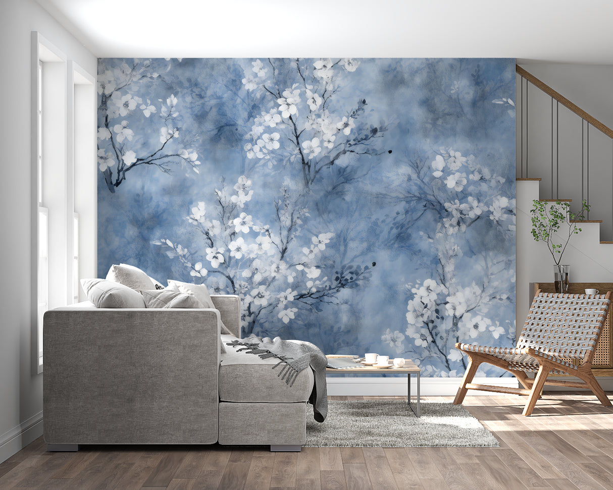 Blue cherry blossom mural in dining room with natural lighting