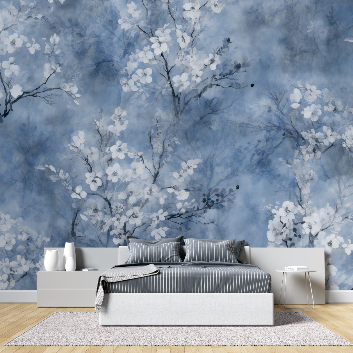 Cherry blossom wall mural in home office showing scale of floral pattern