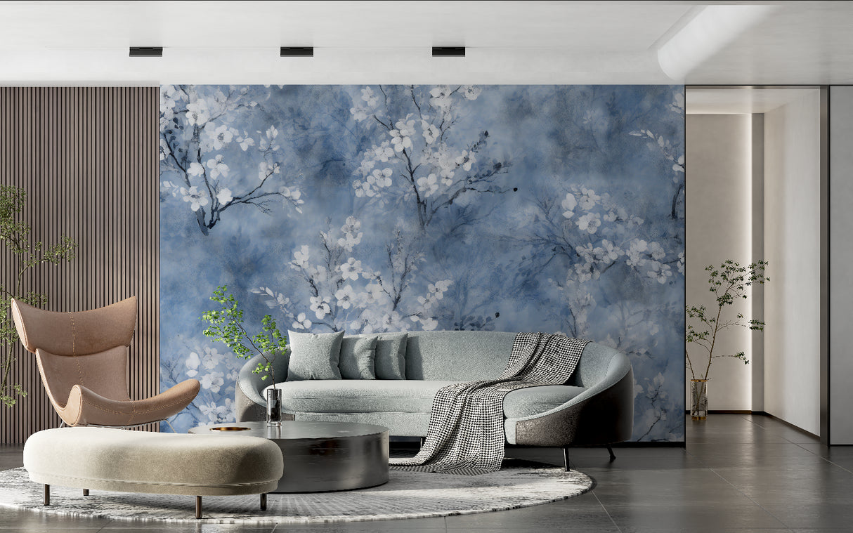 Japanese cherry blossom wallpaper in meditation room with minimal furniture