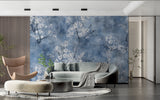 Japanese cherry blossom wallpaper in meditation room with minimal furniture