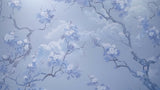 Design file showing detailed blue Japanese cherry blossom pattern with floating petals