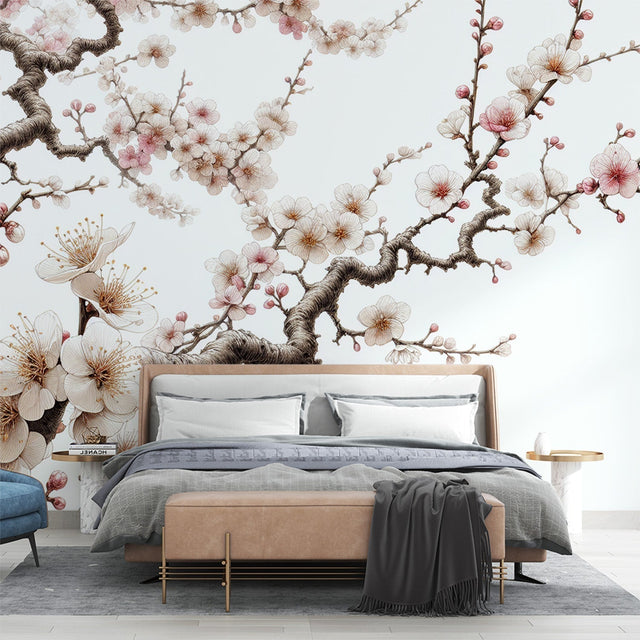 Cherry blossom wallpaper mural creating a peaceful atmosphere in a modern bedroom with natural light