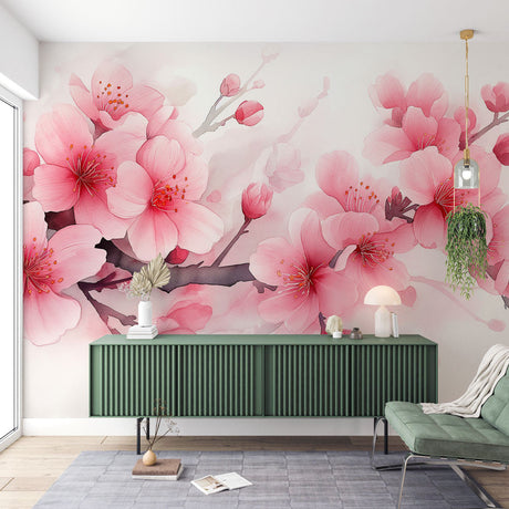 Cherry Blossom Mural Wallpaper creating a serene atmosphere in a modern bedroom with soft pink floral details