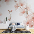 Cherry blossom wallpaper creating a peaceful atmosphere in a modern bedroom with natural light