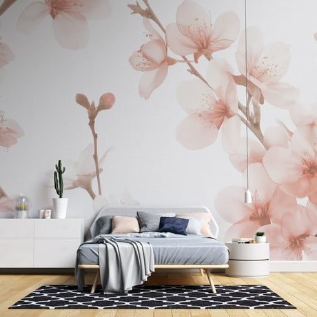 Cherry blossom wallpaper creating a peaceful atmosphere in a modern bedroom with natural light