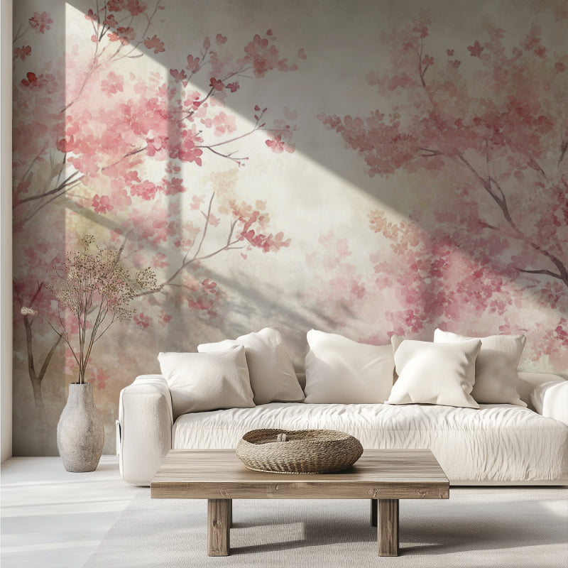 Pink cherry blossom mural creating a peaceful atmosphere in a master bedroom