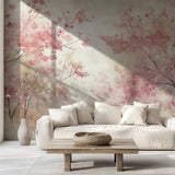 Pink cherry blossom mural creating a peaceful atmosphere in a master bedroom