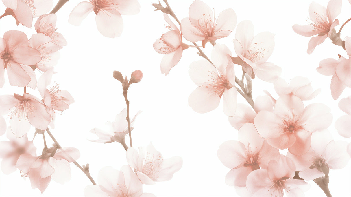 Pink cherry blossom wall mural adding softness to a minimalist dining room